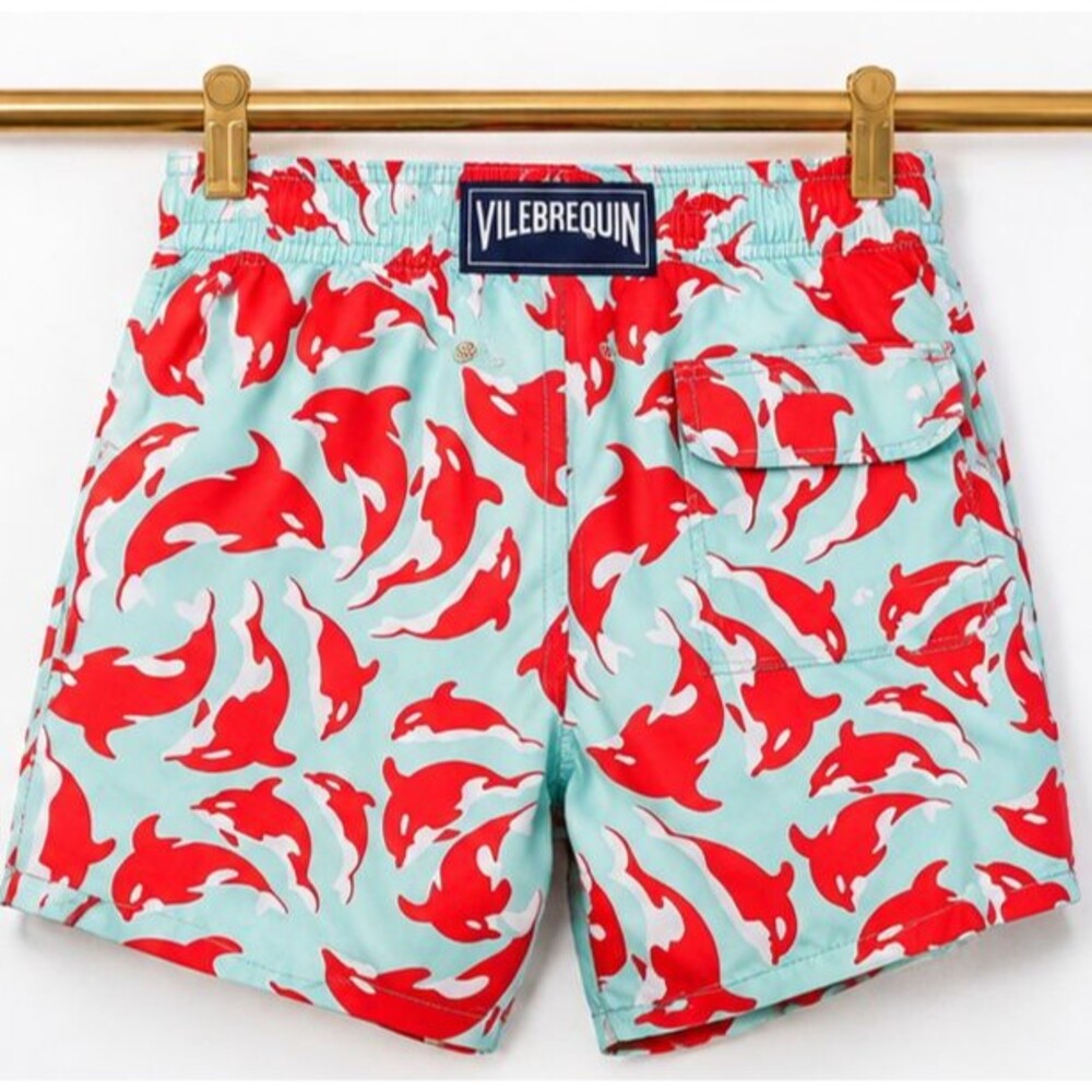 Vilebrequin Mens Large Swim Trunks Red Dolphin Print Aqua Mesh Lined Drawstring